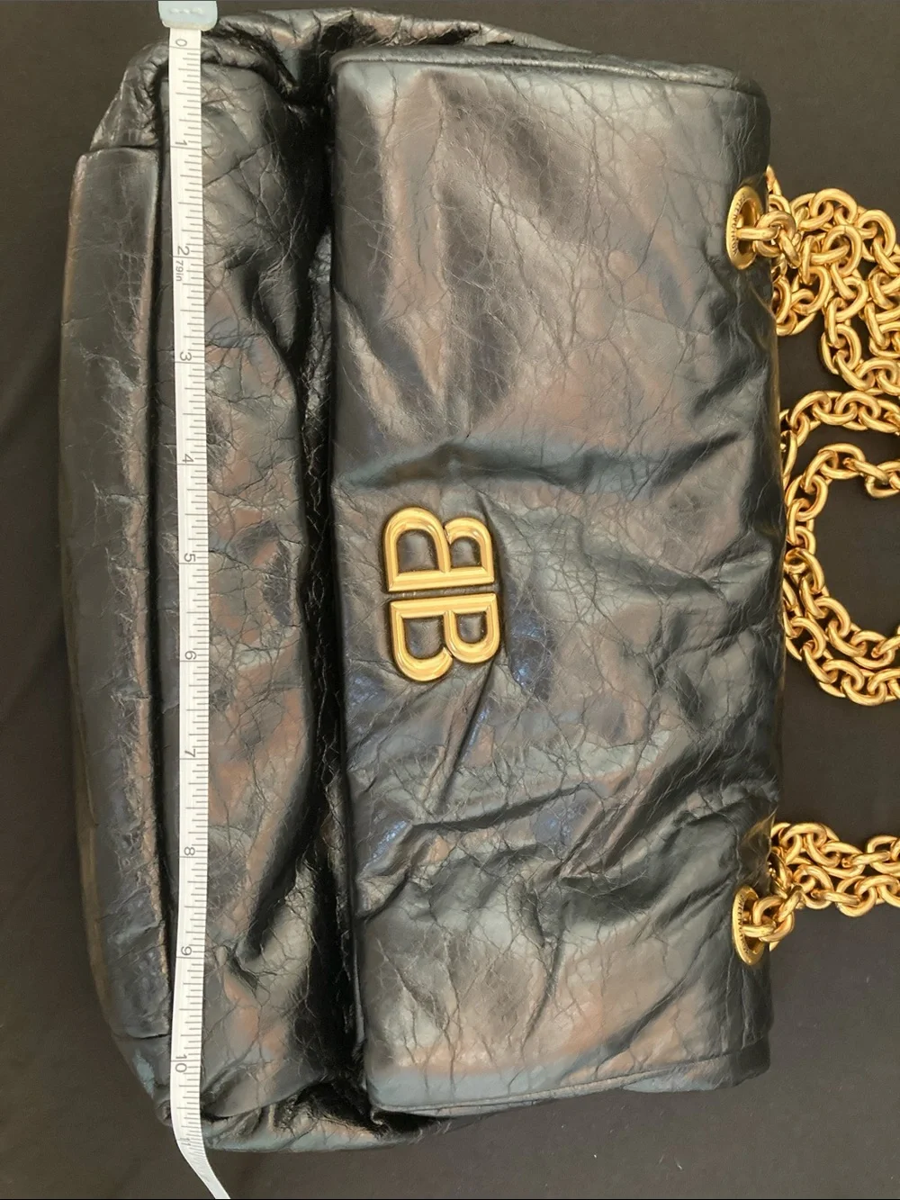Balenciaga Black Leather Shoulder Bag with Gold Chain
